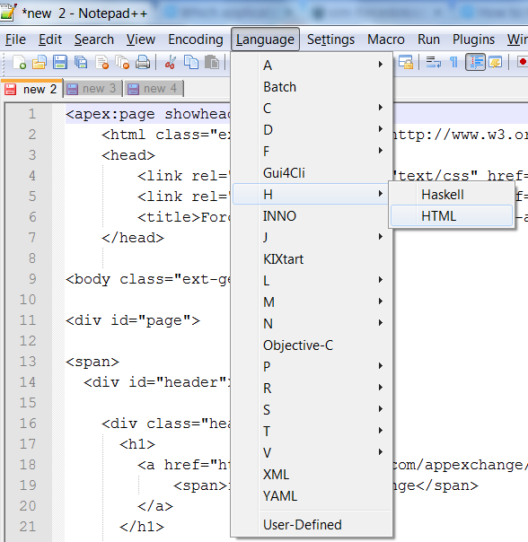 Turn on HTML to view Visualforce in Notepad++